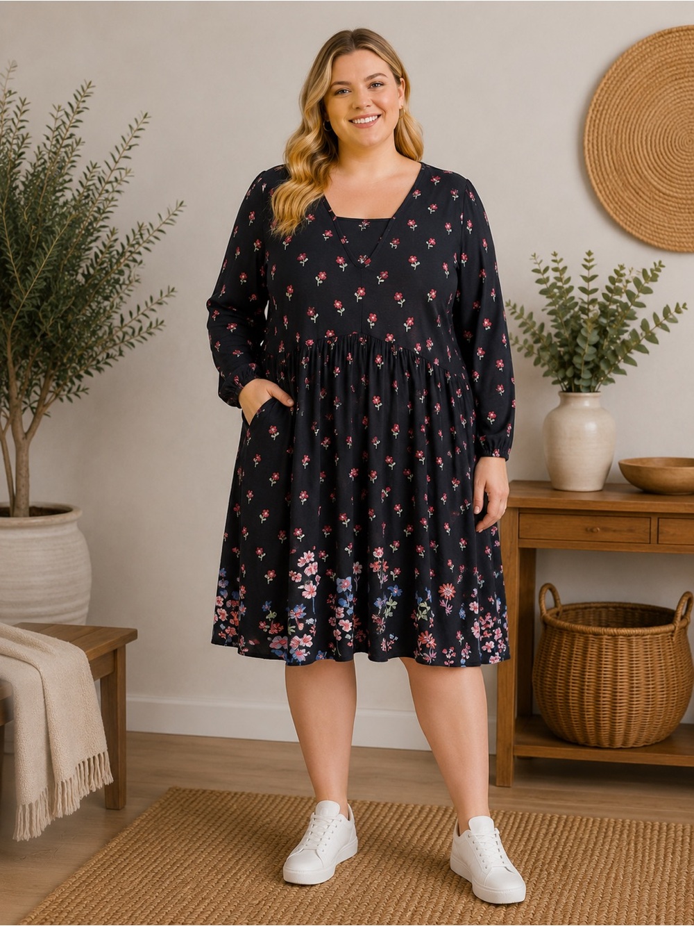 True Craft Black Floral Long Sleeve Midi Dress